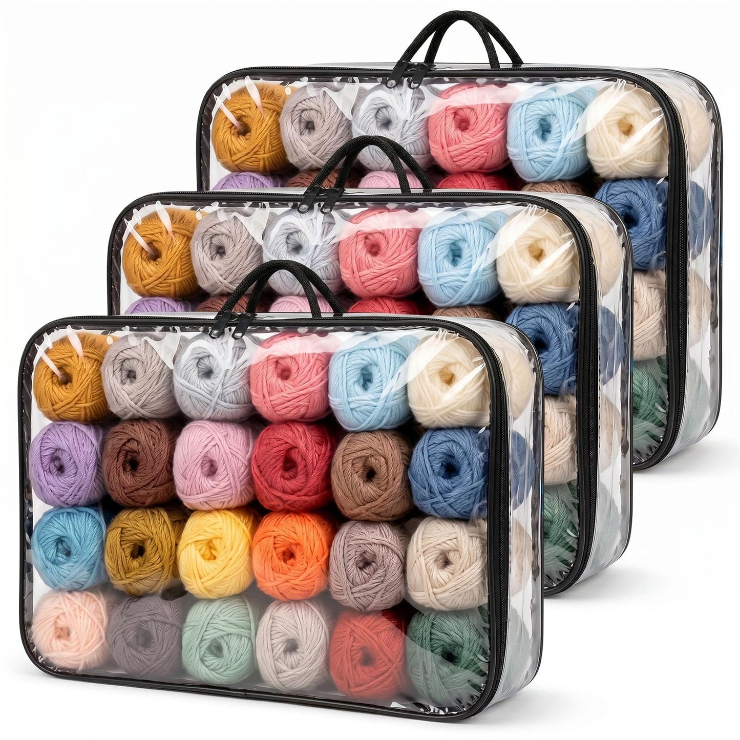 Dexpally 3pcs Yarn Storage Clear Dust-Proof Wool Storage Organiser 40 x 30 x 10cm with Zippers & Handle for Knitting Needles Crochet Hooks Yarn Balls