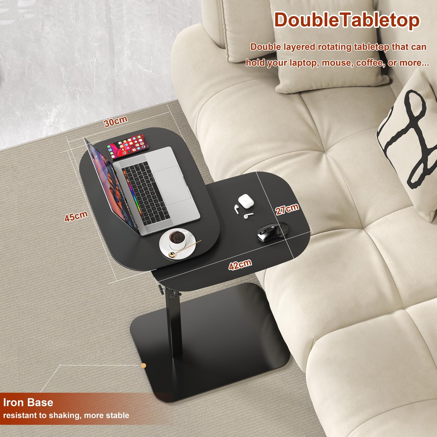 Adjustable Height C Shaped Side Table, 360°Swivel Bedside Table, Double Tabletop Laptop TV Tray Table Narrow End Table for Sofa/Bed