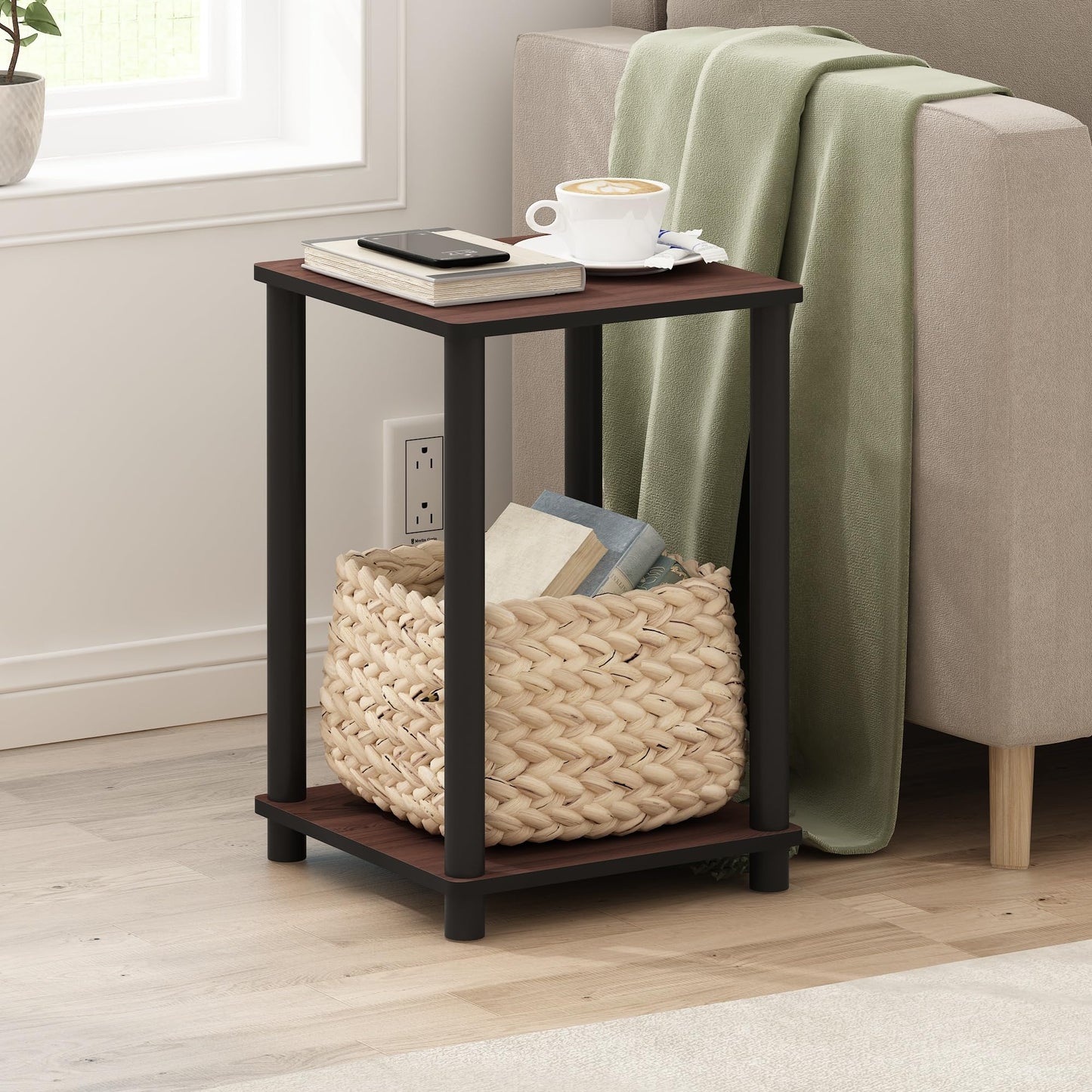 Furinno TURN-N-TUBE Side Table, 2-Tier End Table with Open Shelf, Toolless Night Stand, Bedside Table, for Living Room, Bedroom, Dark Cherry