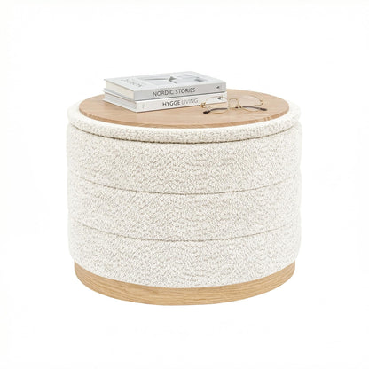 PINPLUS Round Chenille Storage Ottoman, Tray Top, 58x58x44 cm, Cream White