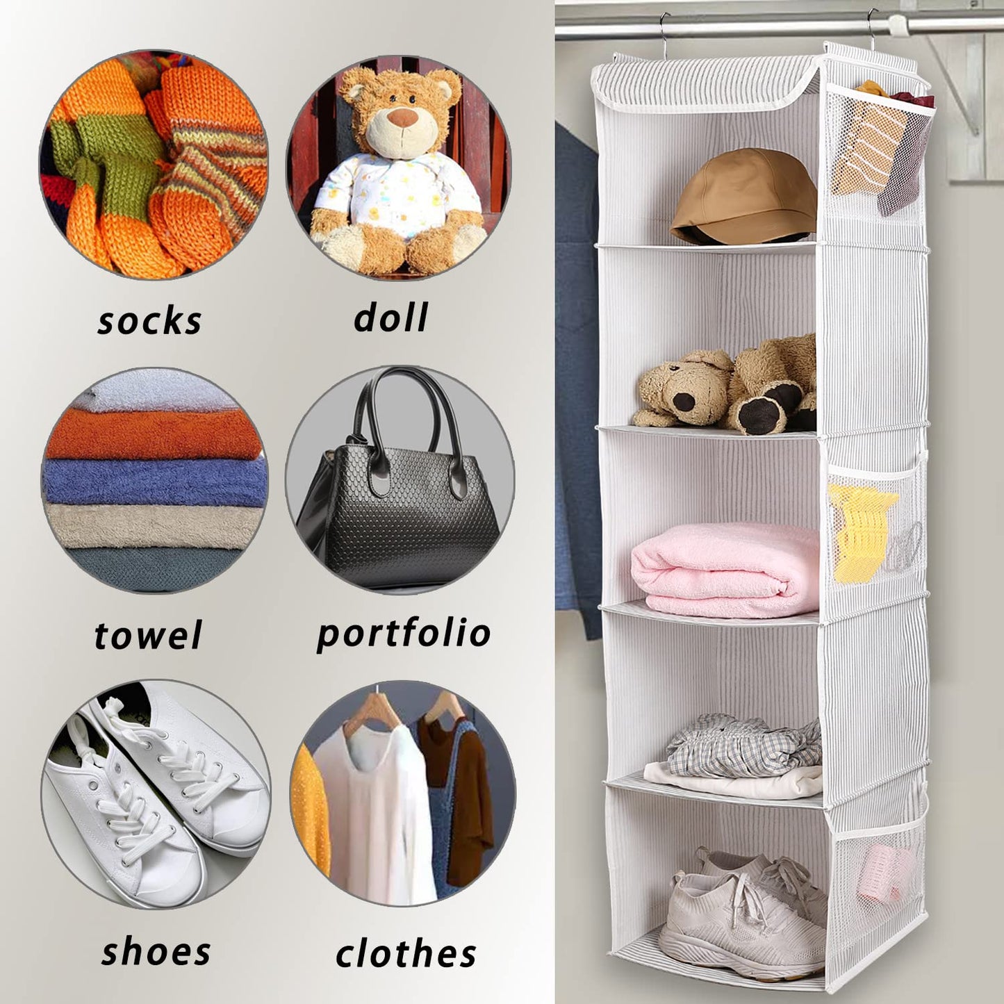 BrilliantJo Hanging Wardrobe Organiser 5 Shelves Closet Storage Hanging Shelves with 6 Side Pockets Clothes - Grey Strip(30 x 30 x 108cm)