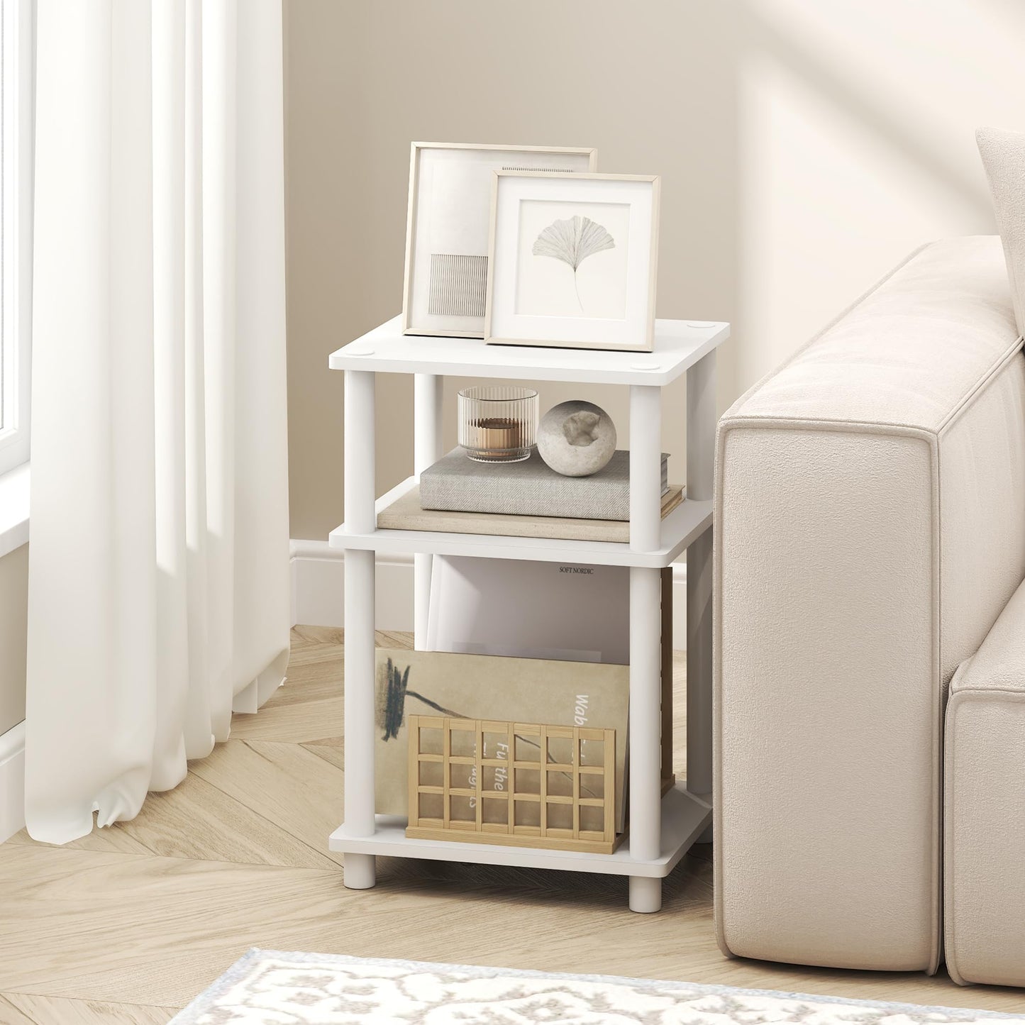 Furinno TURN-N-TUBE Side Table, 3-Tier End Table, Night Stand, Bedside Table, for Living Room, Bedroom, White