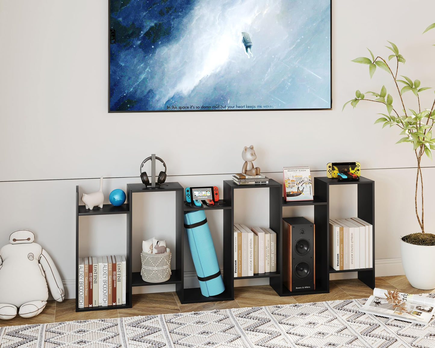 Yusong Bookshelf 6-Tier, Geometric Bookcase S Shaped Book Shelves for Bedroom, Modern Wood Decorative Display Shelf Tall Book Case for Home Office