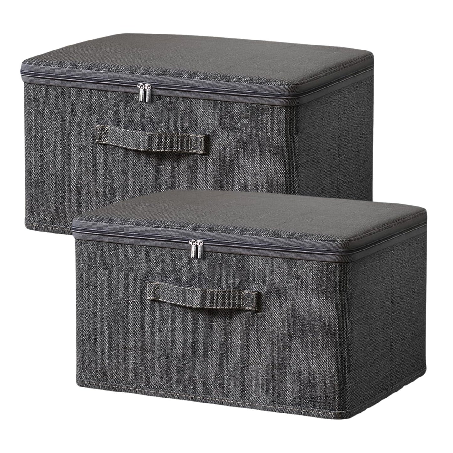 Exquilnova 2PCS Storage Boxes with Lids,Grey Wardrobe Storage Organiser,Foldable Fabric Boxes with Reinforced Handle,Clothes Box with Zips for