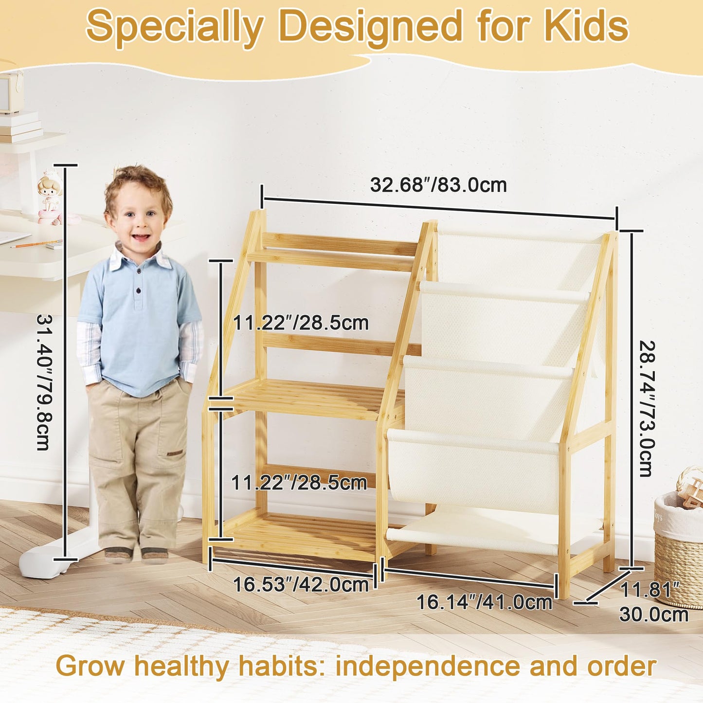 BAMBANG Kids Bookshelf and Toy Storage, 3 Tier Toddler Book Shelf, Montessori Bookshelf Baby Bookcase for Nursery, Bedroom, Playroom