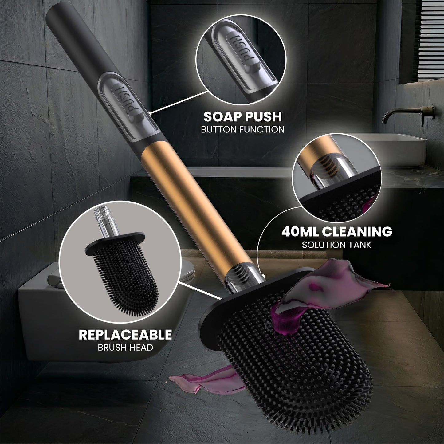 MooStar 1-Pack Silicone Toilet Brush with Holder-Stainless Steel Wall-Mounted & Free-Standing Toilet Brushes and Holders with Quick-Drying Flexible