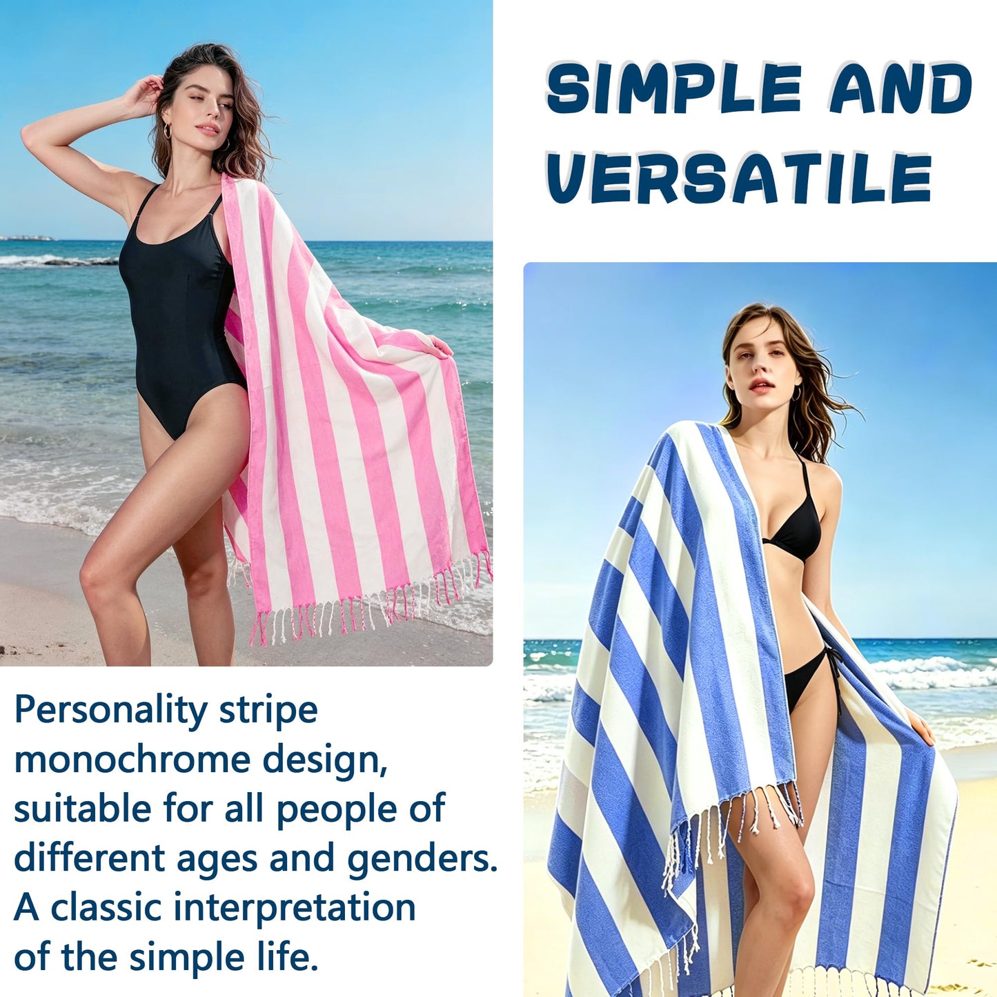 JAODFK 2 Pcs Turkish Beach Towel Cotton Lightweight Sand Free Blanket Quick Dry Serviette de Plage Towels for Swimming Camping Accessories Women