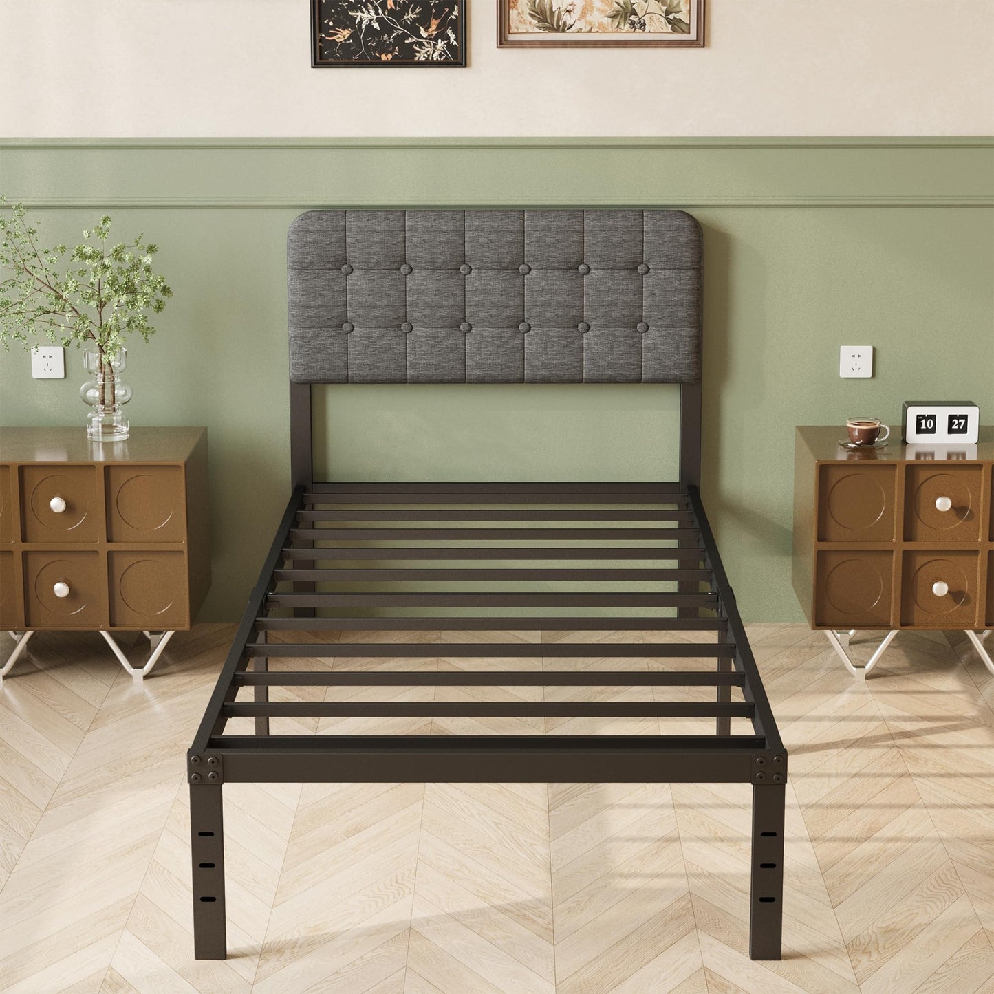 Lutown-Teen 2ft 6 Small Single Bed Frame with Grey Upholstered Headboard