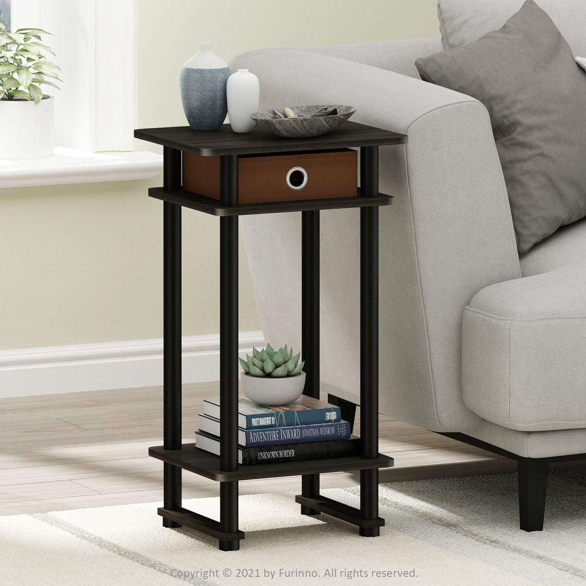 Furinno TURN-N-TUBE Side Table Set of 2, 3-Tier End Table with Storage Bin, Open Shelf Night Stand, Bedside Table, for Living Room, Bedroom, Espresso