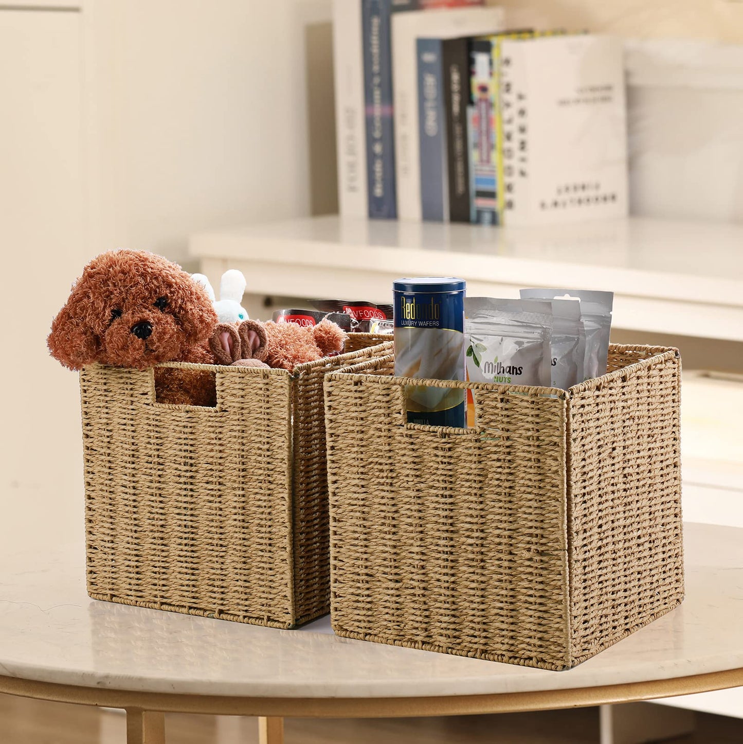 Vagusicc Wicker Storage Basket, Set of 2 Handwoven Wicker Basket for Storage, Foldable Storage Baskets Organizer Bins with Handles for Shelves