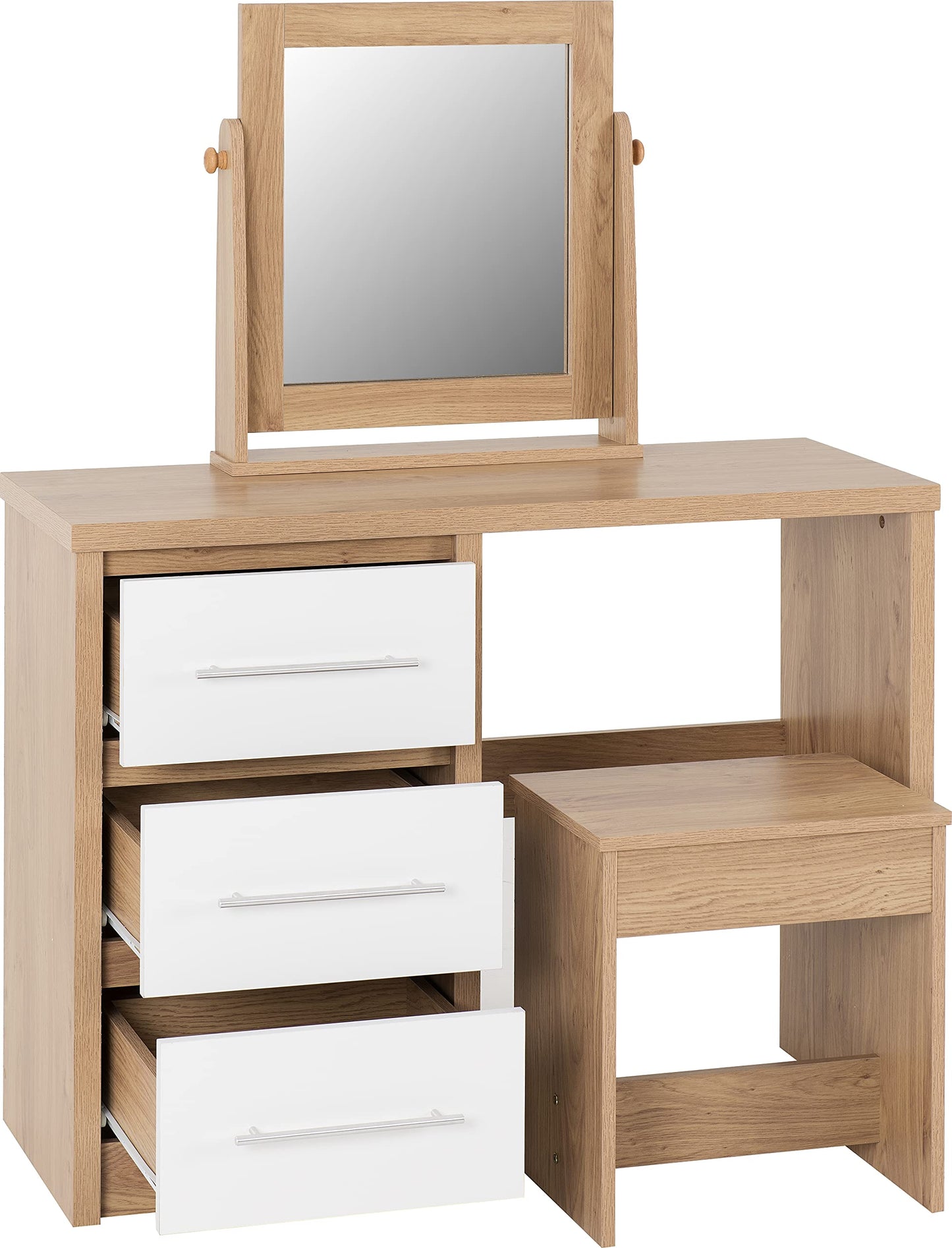 Seconique Seville Dressing Table Set in White Gloss/Light Oak Effect Veneer