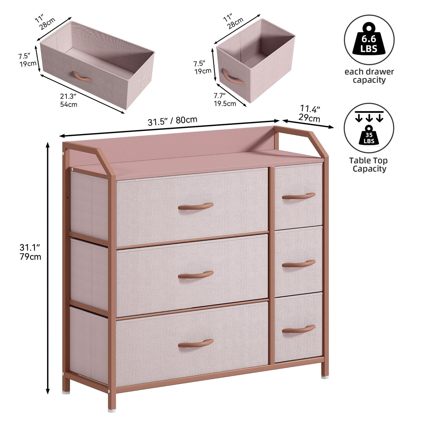 DWVO Chest of Drawers,Fabric Chest of Drawers Bedroom Cabinet with 6 Drawers,Dresser for Bedroom,Living Room With Handles,Wood Top and Sturdy Steel