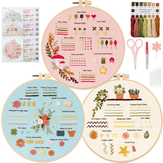 UXORSN 3 Sets Embroidery Kit for Beginners Adults Cross Stitch Starter Kits Learn 30 Different Stitches Practice Kit Fabric Craft with Flower Stamped