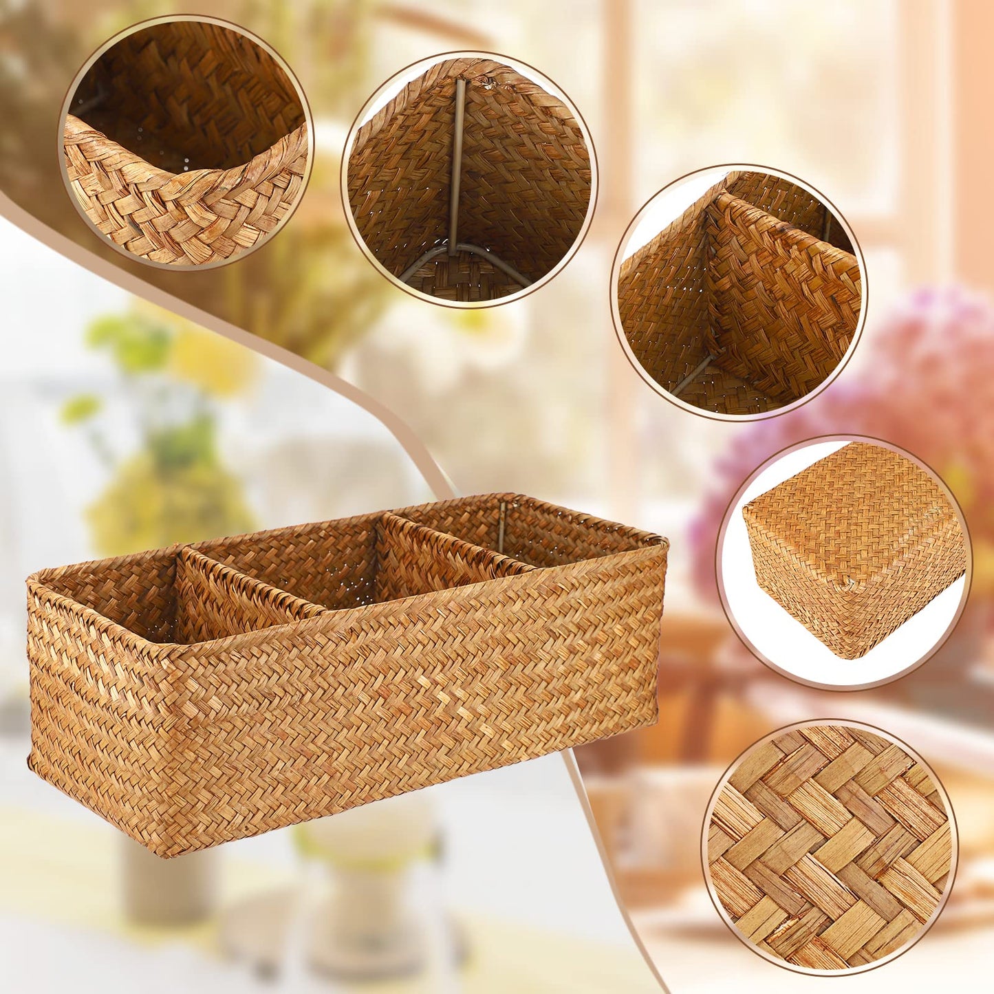 IGNPION 3-compartment Seagrass Storage Basket Woven Desktop Basket Rectangular Organiser Box Shelves & Desks Decorative Baskets for Sundries