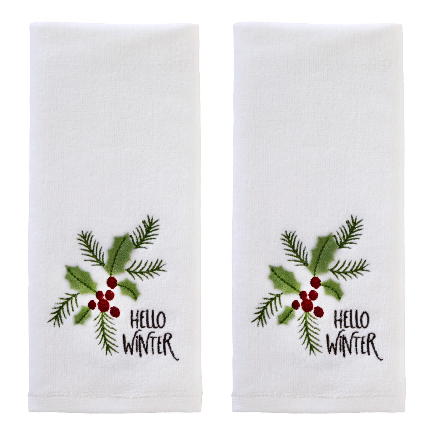 SKL Home Christmas Hello Winter Holly 3D Hand Towel 2pc Set for Bath/Kitchen/Bar & Gift, White