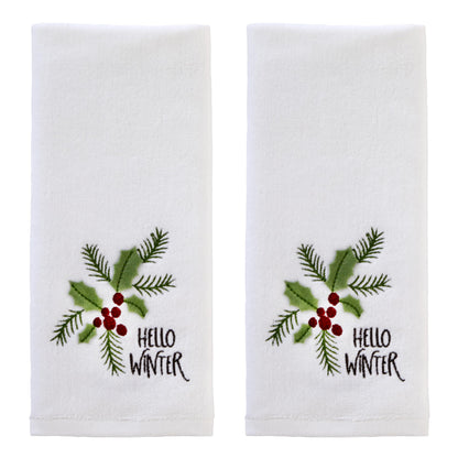SKL Home Christmas Hello Winter Holly 3D Hand Towel 2pc Set for Bath/Kitchen/Bar & Gift, White