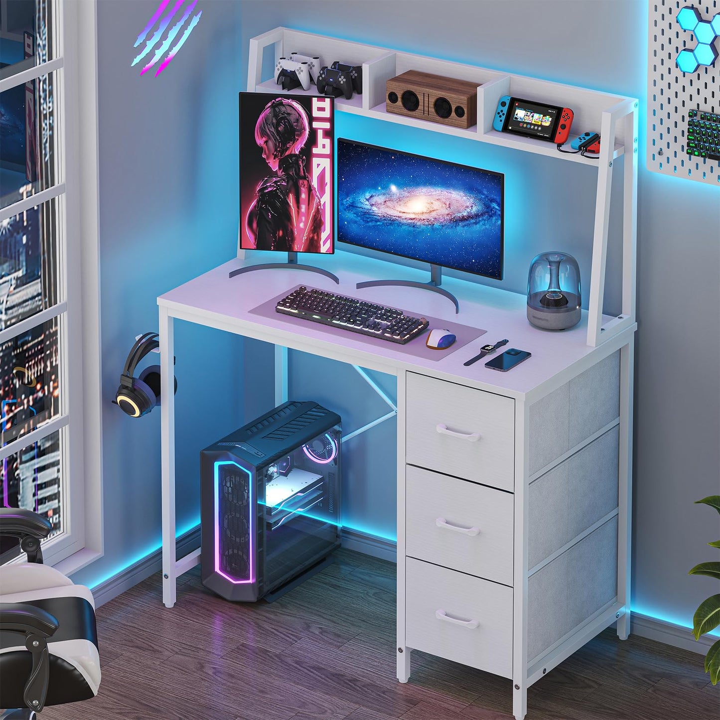 Feonase Industrial-Style Computer Desk with 3-Tier Wall-Mounted Shelf & 3 Fabric Drawers – MDF Desktop for Home Office, Study & Organization