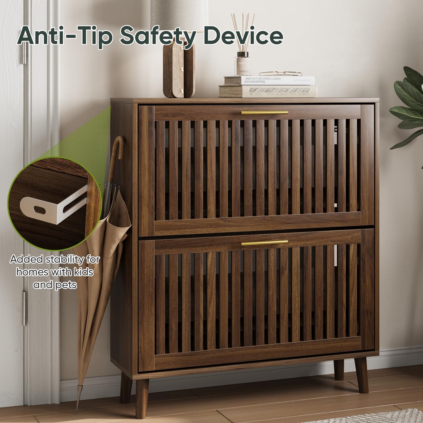 Smart FENDEE Shoe Storage Cabinet with 2 Flip Slatted Drawers, Narrow Wood Shoe Cabinet with Gold Handle, Hidden Entryway Shoe Organizer for Hallway