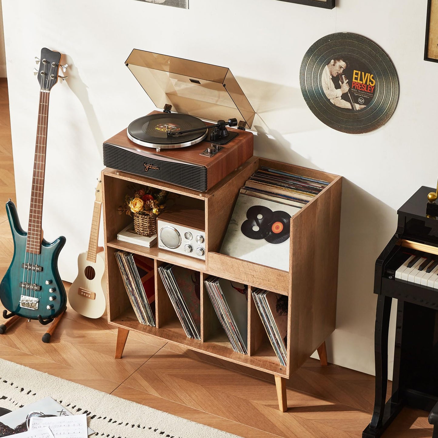 Large record stand with storage, record player stand with shelf, vinyl record holder with presentation surface, record stand for up to 300 albums