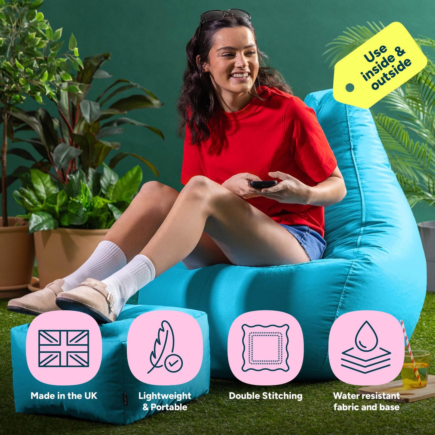 Bean Bag Bazaar Outdoor Bean Bag & Footstool with Filling Included, Aqua