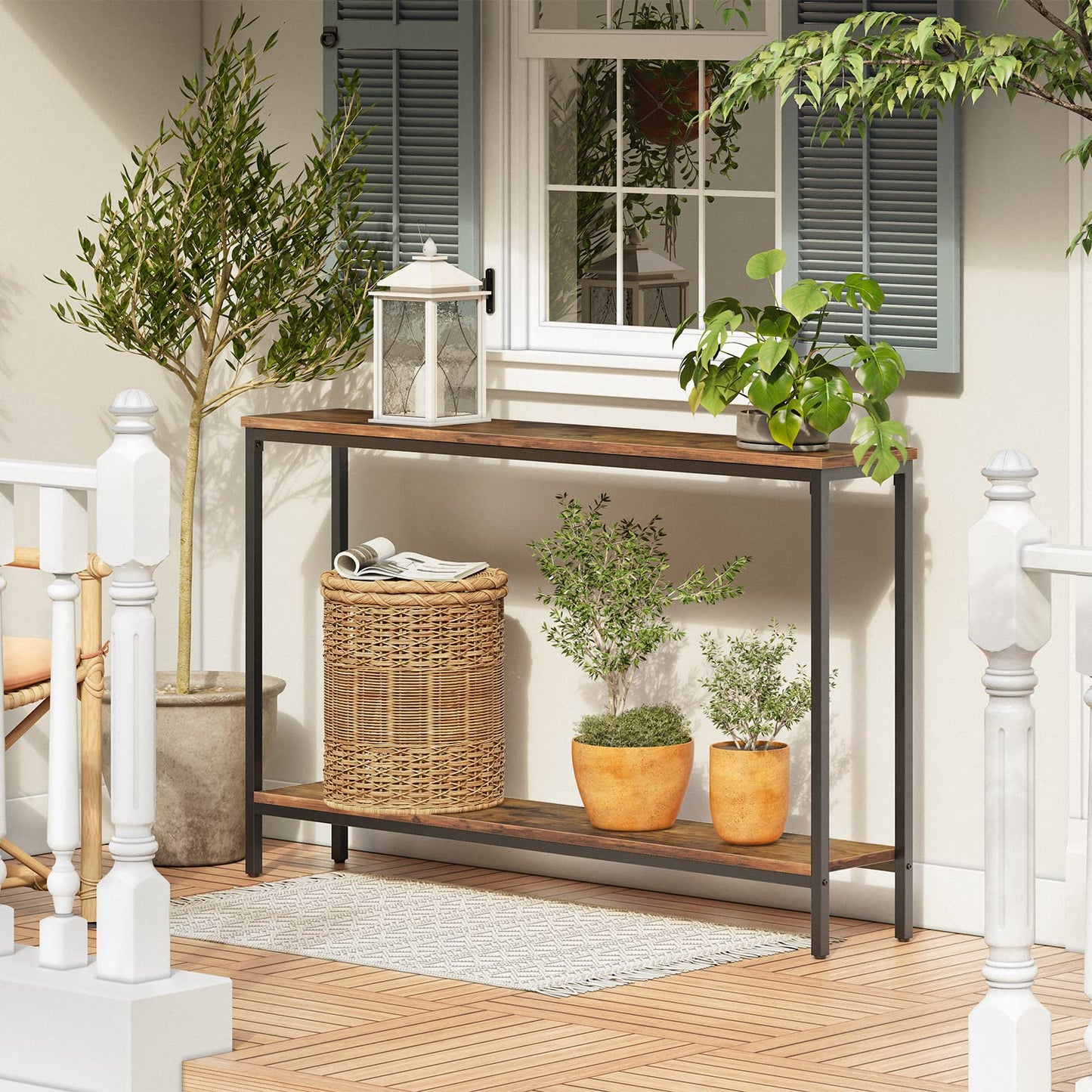HOOBRO Console Table Slim, 120 cm Long Narrow Hallway Table with Shelf, Industrial Sofa Table for Living Room, Hallway,Entryway, Foyer, Office