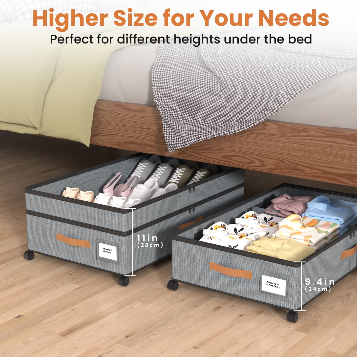 KLINTOS Under Bed Storage on Wheels – 2 Pack 72L XXL Underbed Storage Drawers, Adjustable 10in High Closet Organizers with Lid