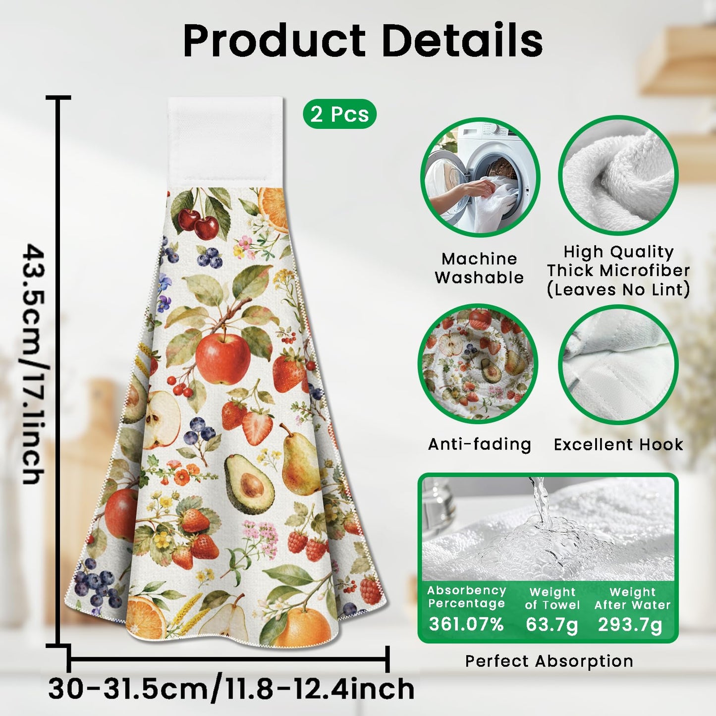 CUTHOLLOW 2 Pcs Fruits and Flowers Hanging Kitchen Towels with Loop