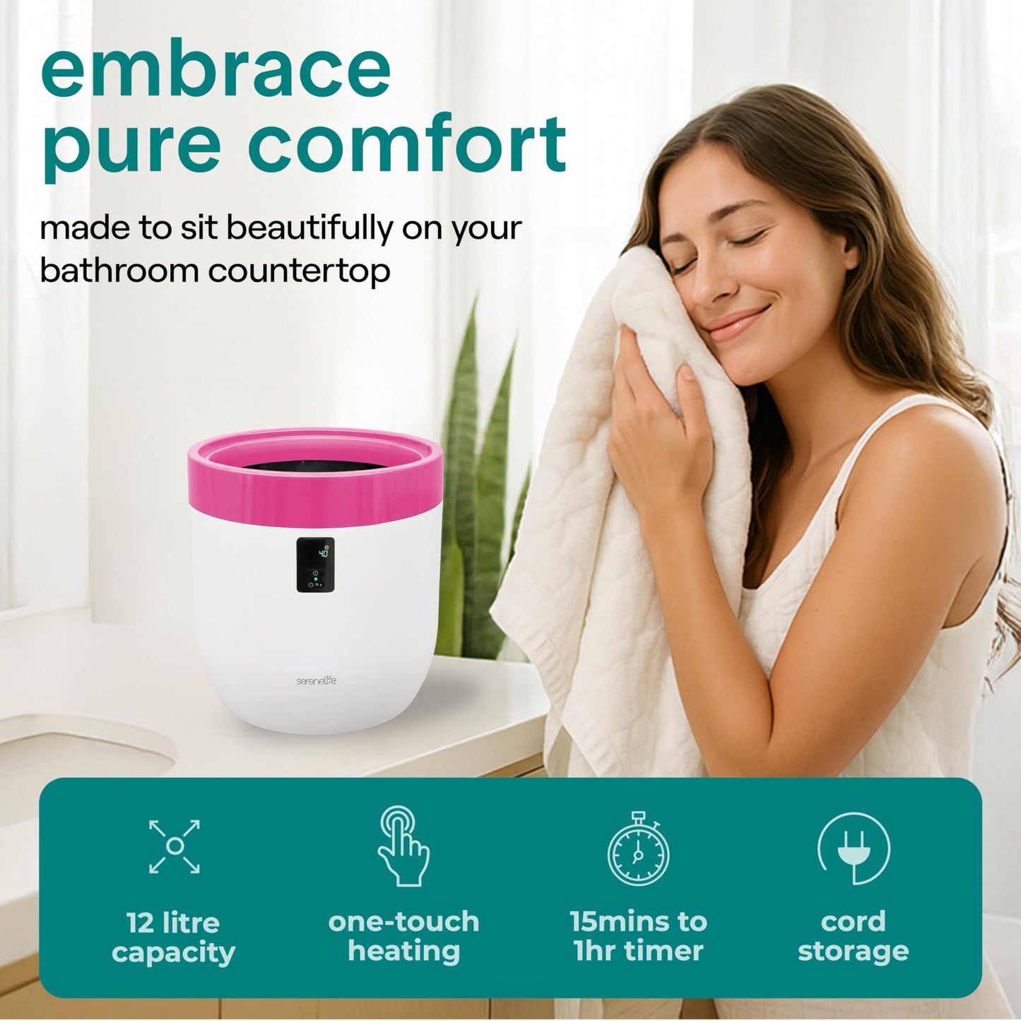 SereneLife Towel Warmer Bucket for Bathroom & Spa, with Customized Fragrance, Luxury Hot Towel Heater, Auto Shut Off, Fits 1 Large Blanket, Bathrobe