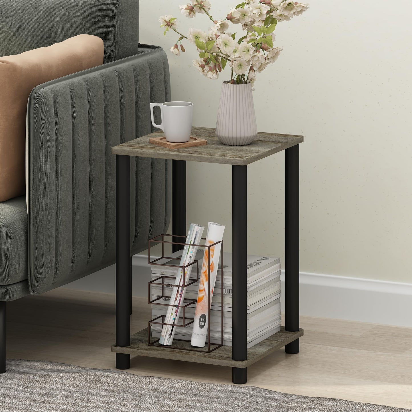 Furinno Turn-N-Tube Toolless Assembly Side Table Set of 2, Stackable 2-Tier Grey End Table with Open Shelf, Night Stand, Bedside Table