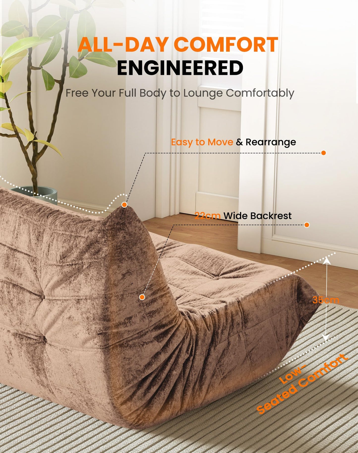 Boneless Floor Sofa - No Assembly Required Couch in a Box, Armless Small Accent Chair in Soft Shiny Fleece,Bean Bag Chair for Living Room, Bedroom