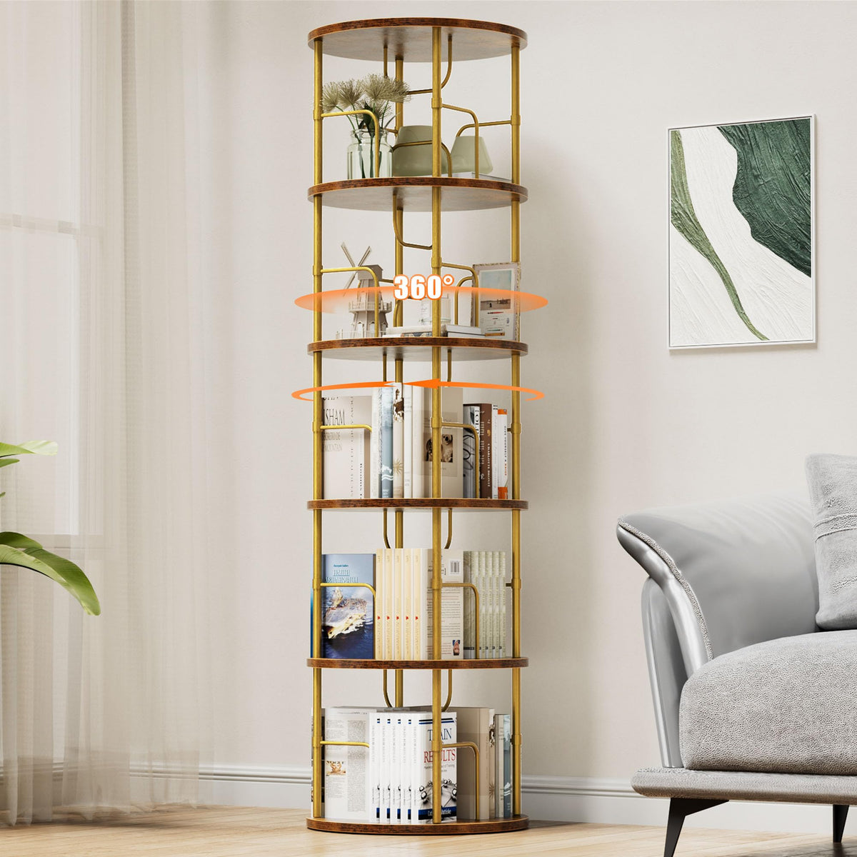OCTORO 5 Tier Rotating Bookshelf, 360° Corner Bookshelf Tower, Round Revolving Bookcase with Adjustable Levels, Spinning Book Shelf for Home Office
