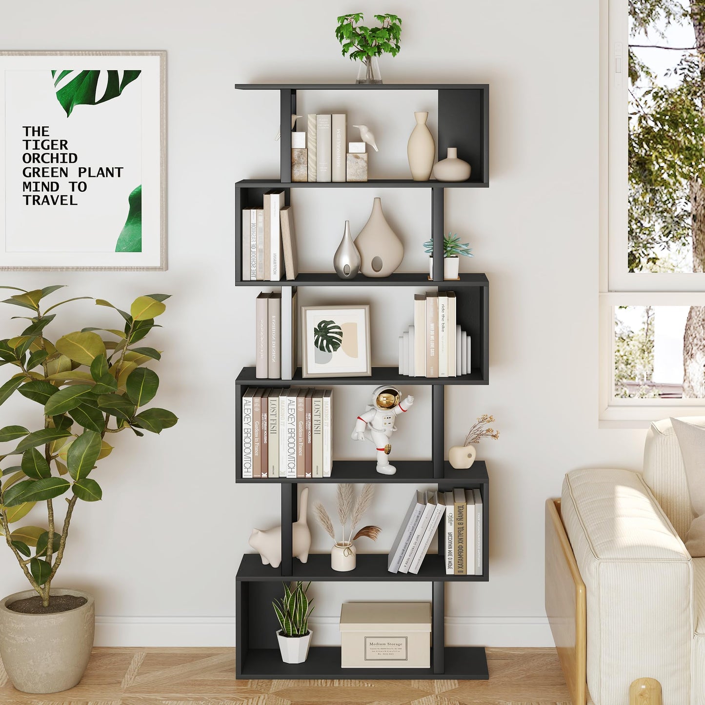 Yusong Bookshelf 6-Tier, Geometric Bookcase S Shaped Book Shelves for Bedroom, Modern Wood Decorative Display Shelf Tall Book Case for Home Office