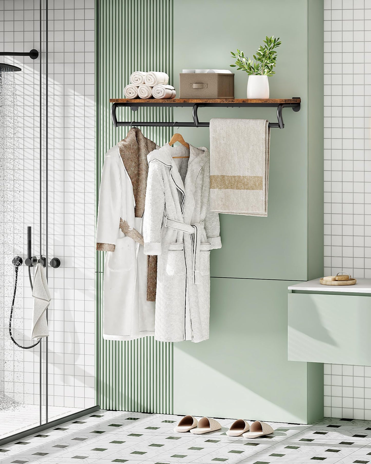 CHOEZON Wall Mounted Clothes Rack, Metal Garment Rack with Top Shelf, 110 cm Laundry Storage Shelf with Hanging Rod, for Laundry Room, Bedroom