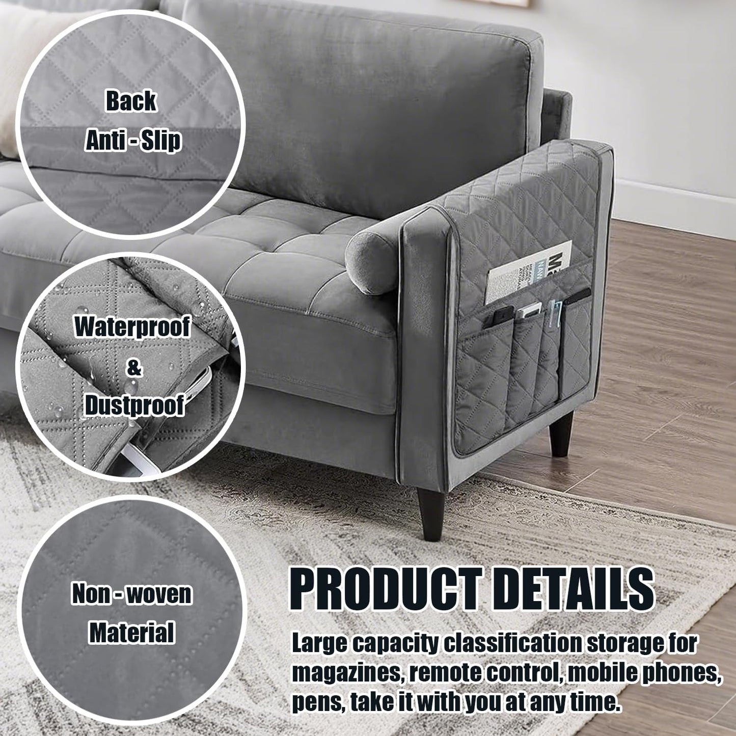 Kaelix Sofa Remote Control Holder Armchair Caddy – Non-Slip Couch Organizer for Remote, Phone, Glasses – 5 Pockets Arm Rest Organizer