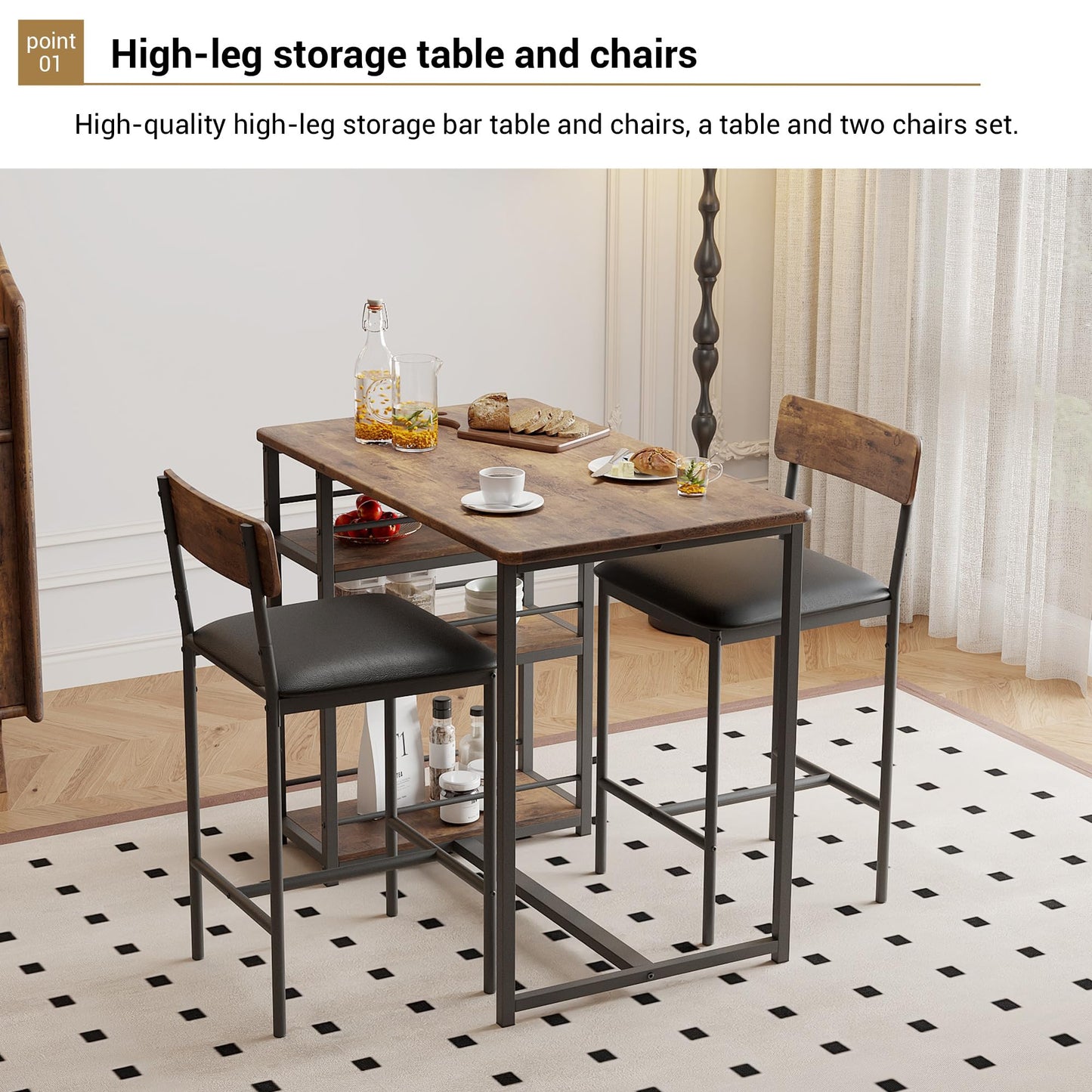 Techigher Bar Table Set, Dining Tables with 2 Upholstered Chairs, 3 Piece Counter Height Kitchen Table Set with 3-Tier Storage Shelves