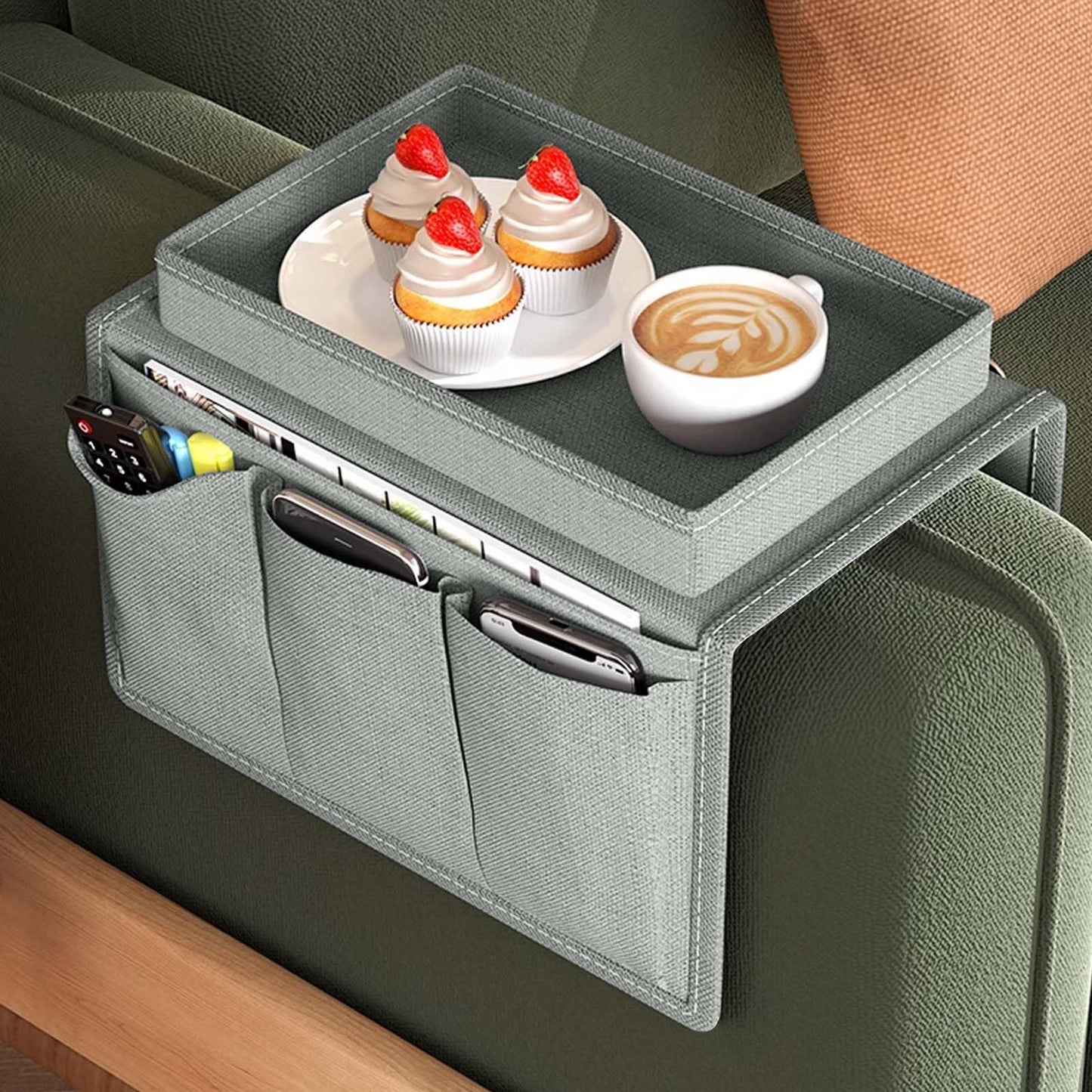 Sofa Armrest Organizer, Couch Caddy Arm Hanging Storage Bag With Cup Holder Tray, Anti-slip Armchairs Bedside Caddy Pouch Sofa Tidy Table for TV