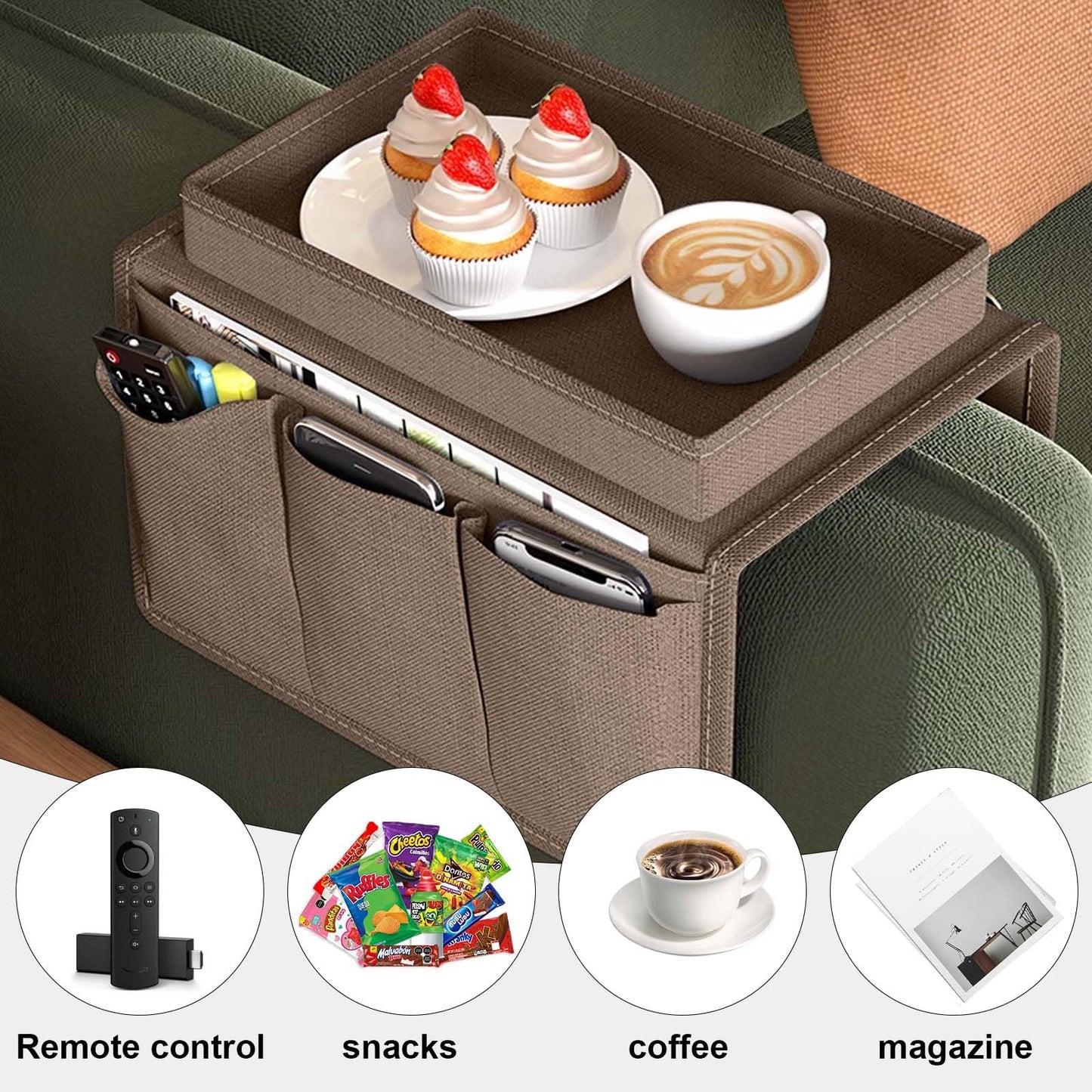 Sofa Armrest Organizer, Couch Caddy Arm Hanging Storage Bag With Cup Holder Tray, Anti-slip Armchairs Bedside Caddy Pouch Sofa Tidy Table for TV