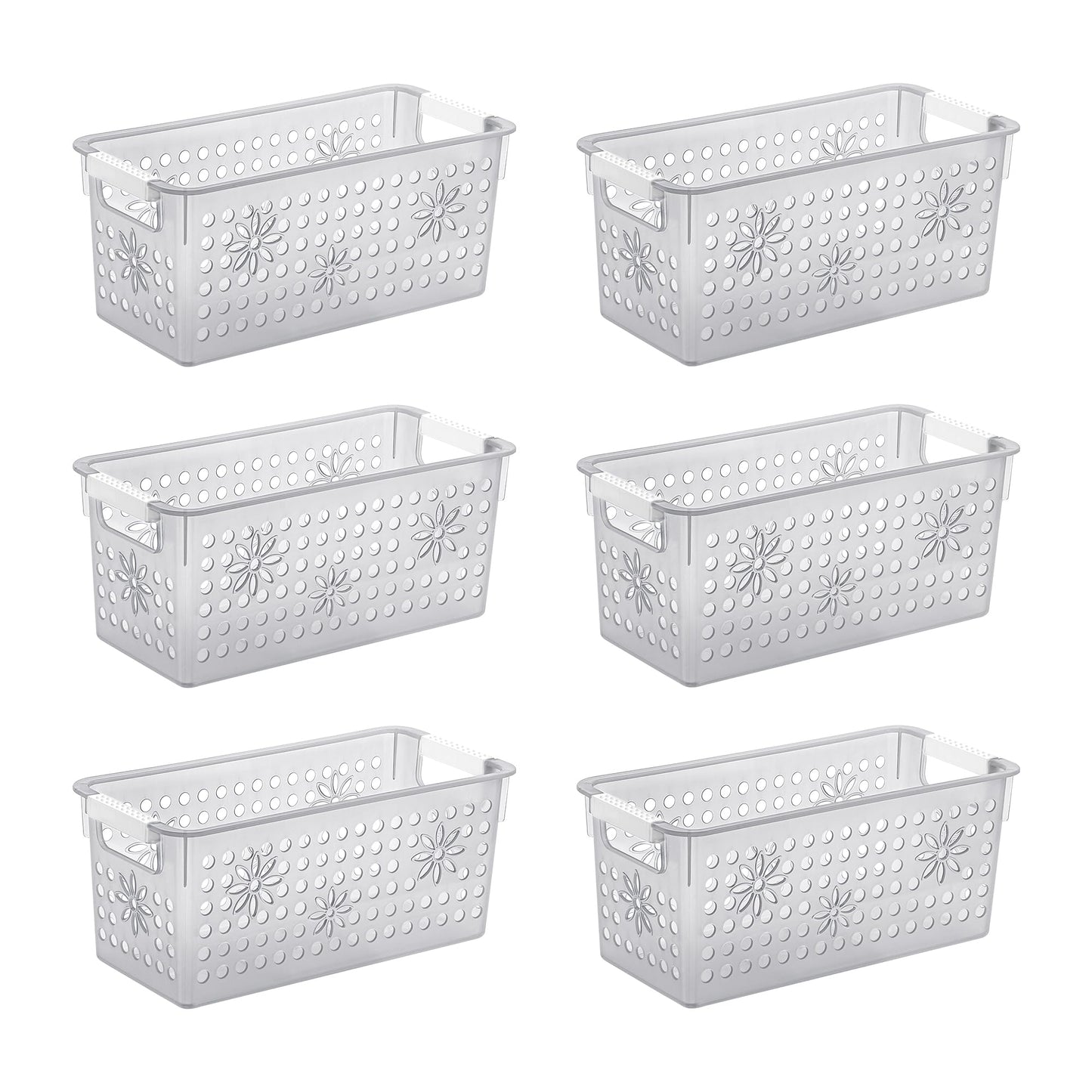 Cetomo Plastic Storage Box, Storage Baskets with Handle, Shelf Basket Organizer with Hole, Open Top Storage Bin for Home Kitchen Office, Clear Black