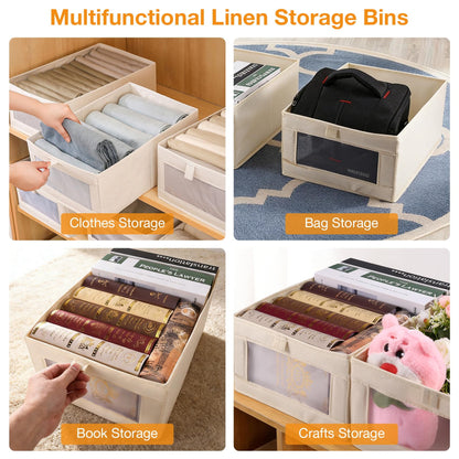 Micvtve 4 PCS Linen Wardrobe Storage Organiser Foldable Storage Bins Baskets for Organization Foldable Organizer with Clear Window Organizing