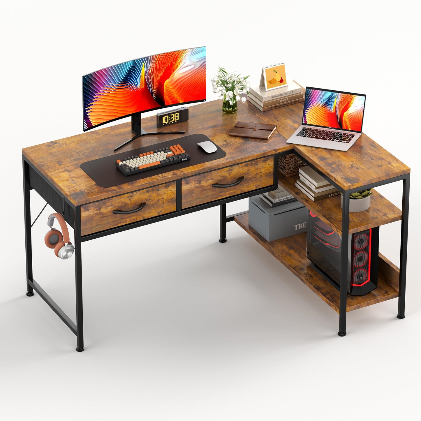 CAIYUN L Shaped Computer Desk with 2 Drawers, 100CM Office Corner Desk with 2 Storage Shelves, Working Table Study Table for Home Office Desk, Brown