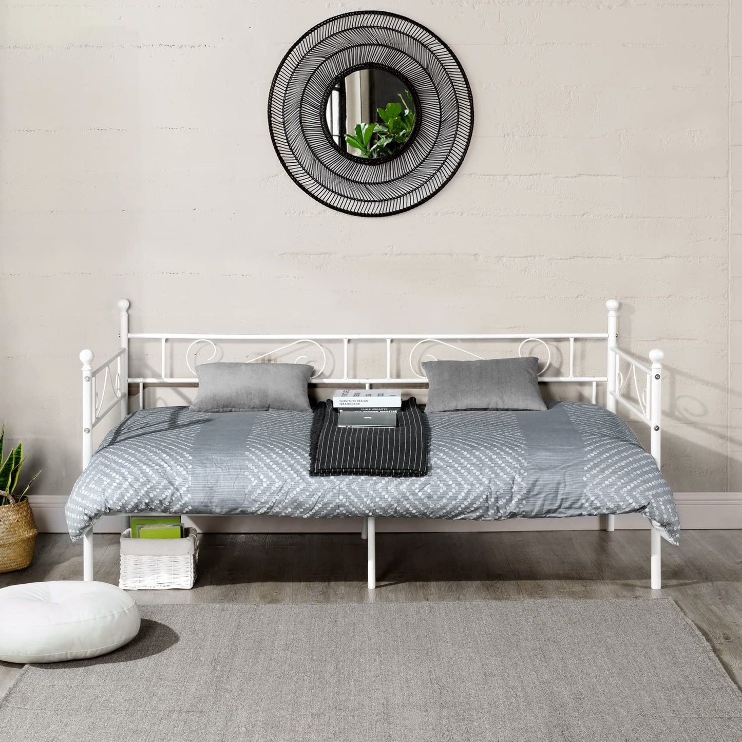FetiNes Day Bed Frame 90 x 200 cm, Metal, White, Scandinavian Style, Convertible Day Bed with Under-bed Storage