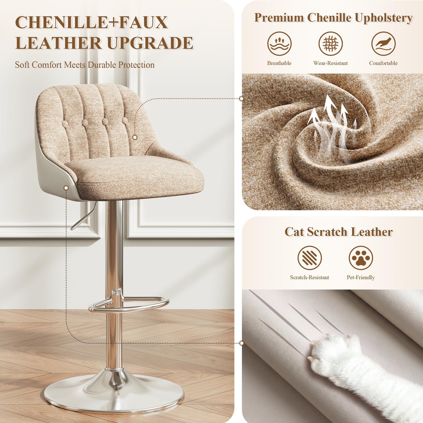 Adjustable Bar Stools Set of 2, Swivel Counter Stools with Backrest, Chenille & Faux Leather Upholstered Bar Chairs