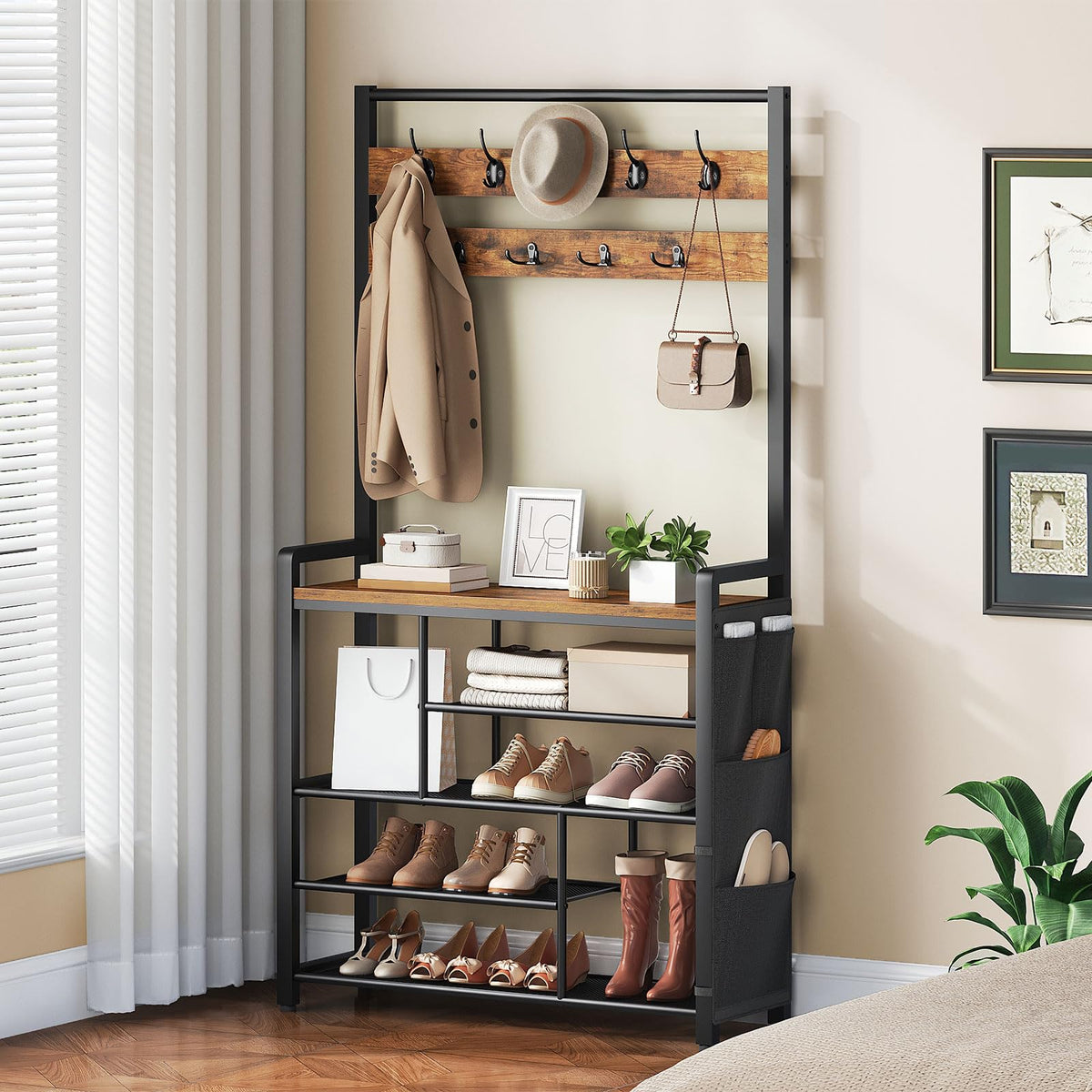 HOOBRO Coat Rack with Shoe Storage, 5 Tier Shoe Rack with Coat Rack, Shoe Storage Organizer with 9 Coat Hooks and 3 Oxford Fabric Side Pockets