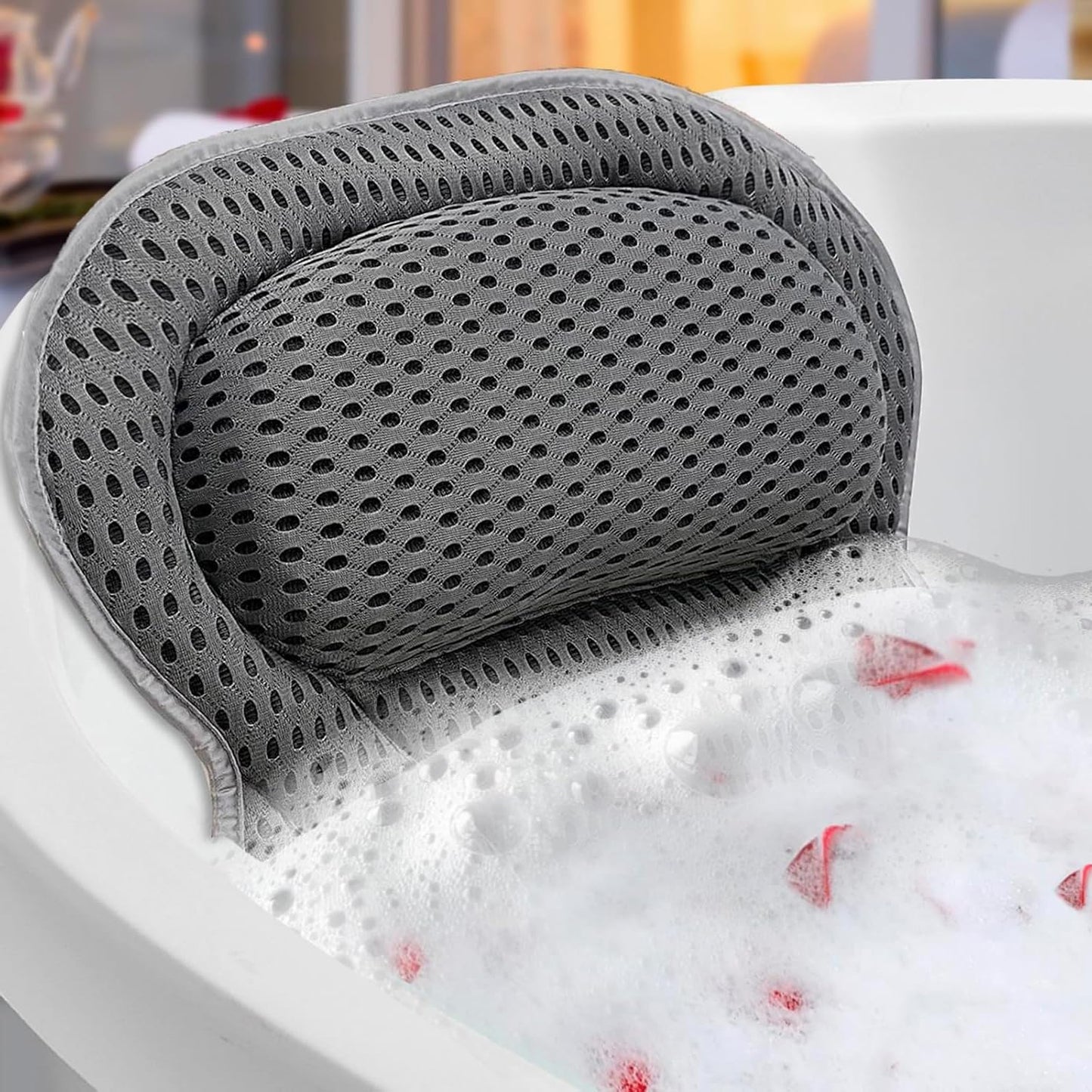 Bath Pillow 4D Ergonomic Bath Pillow Neck and Back Support Bath Cushion Air Mesh Technology Bath Headrest Pillow Bath Pillows with 6 Strong Suction