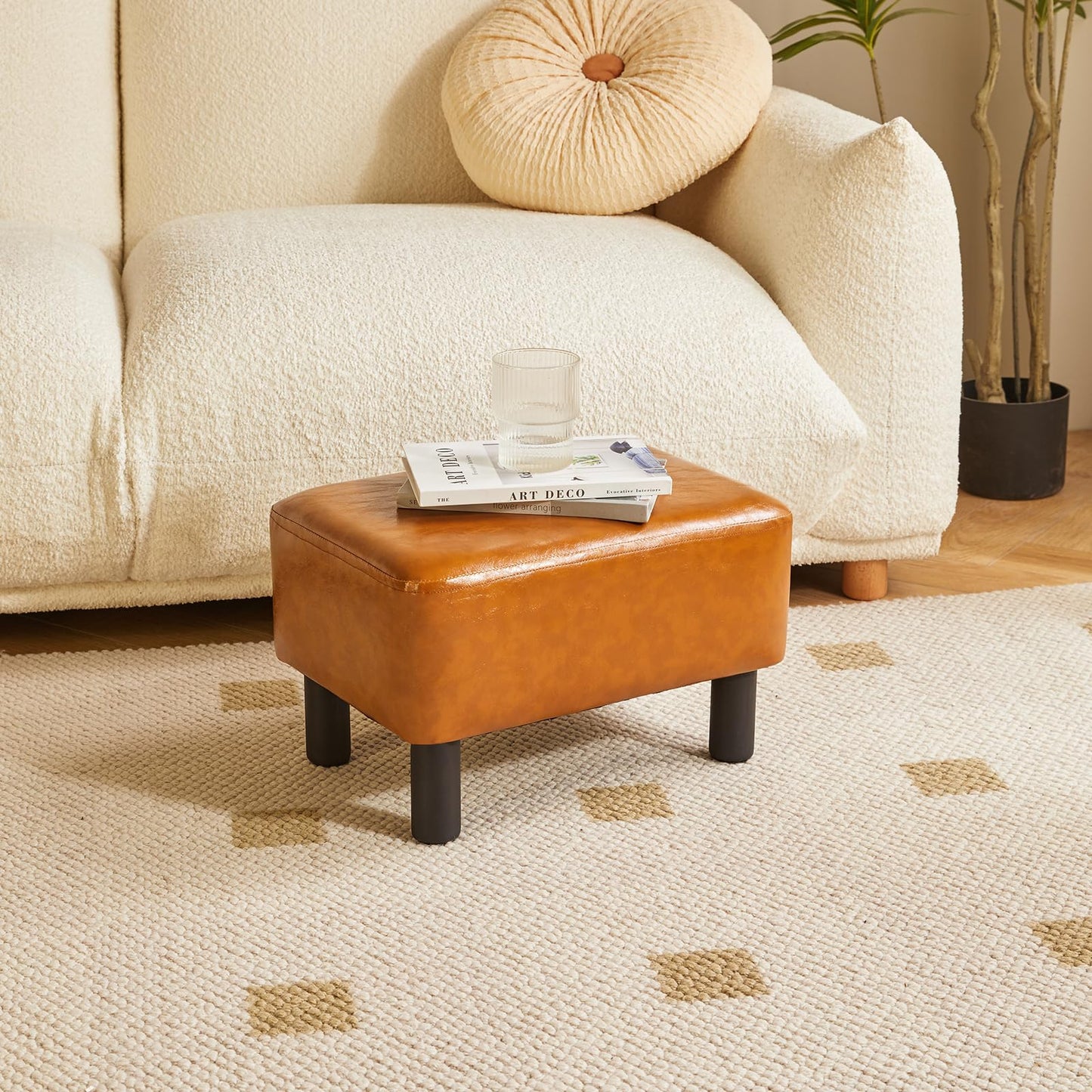 IBUYKE 16.54" Small Footstool PU Leather Ottoman Footrest Modern Home Living Room Bedroom Rectangular Stool, with Padded Seat Pine Wood Legs