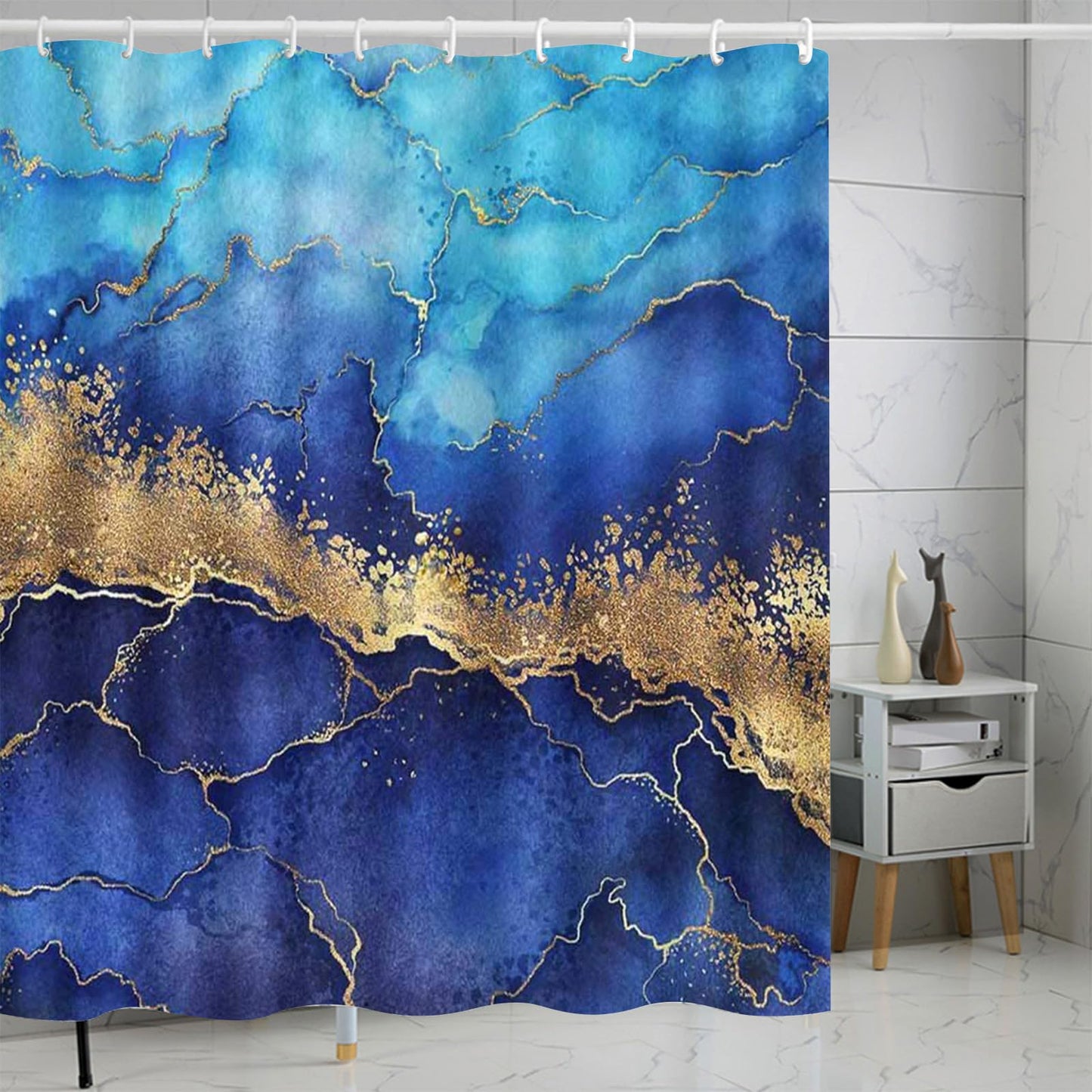 FAIRYGATE Blue Shower Curtain Marble Shower Curtains Dark Blue Effect Bath Curtain Mildew and Mould Resistant Waterproof Polyester Fabric Washable