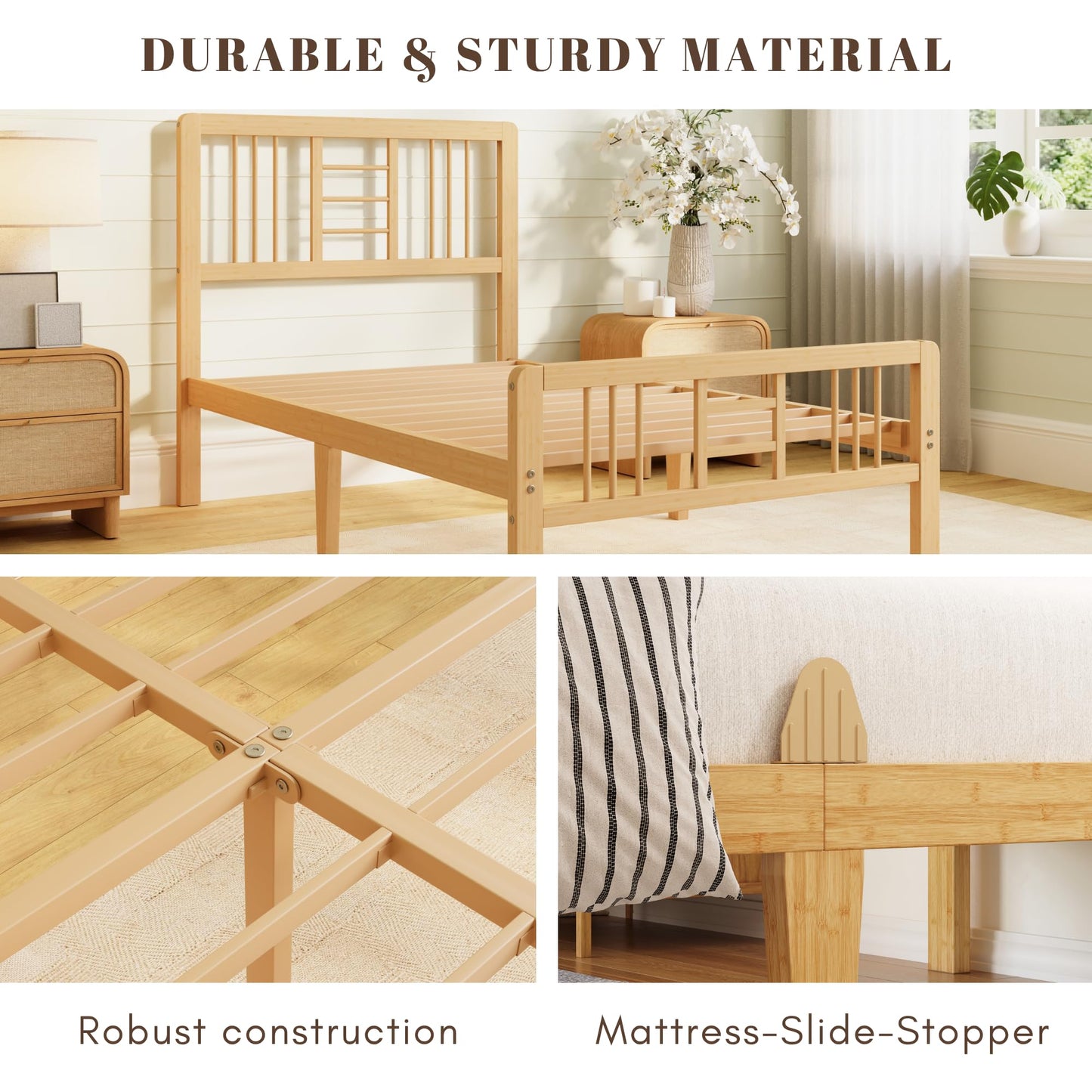 Hunlostten Wooden Bed Frame Single with Headboard - Bamboo Wood Bed Frames with Metal Slats Support and Underbed Storage, Easy to Install, Noise Free