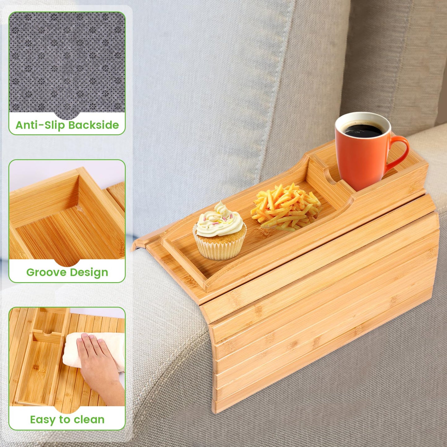 YUNYOUC Couch Arm Tray, Bamboo Sofa Table for Couch, Foldable Sofa Arm Tray with Cup Holder, Non-Slip Armrest Organizer for Drink, Cup, Snack, Control