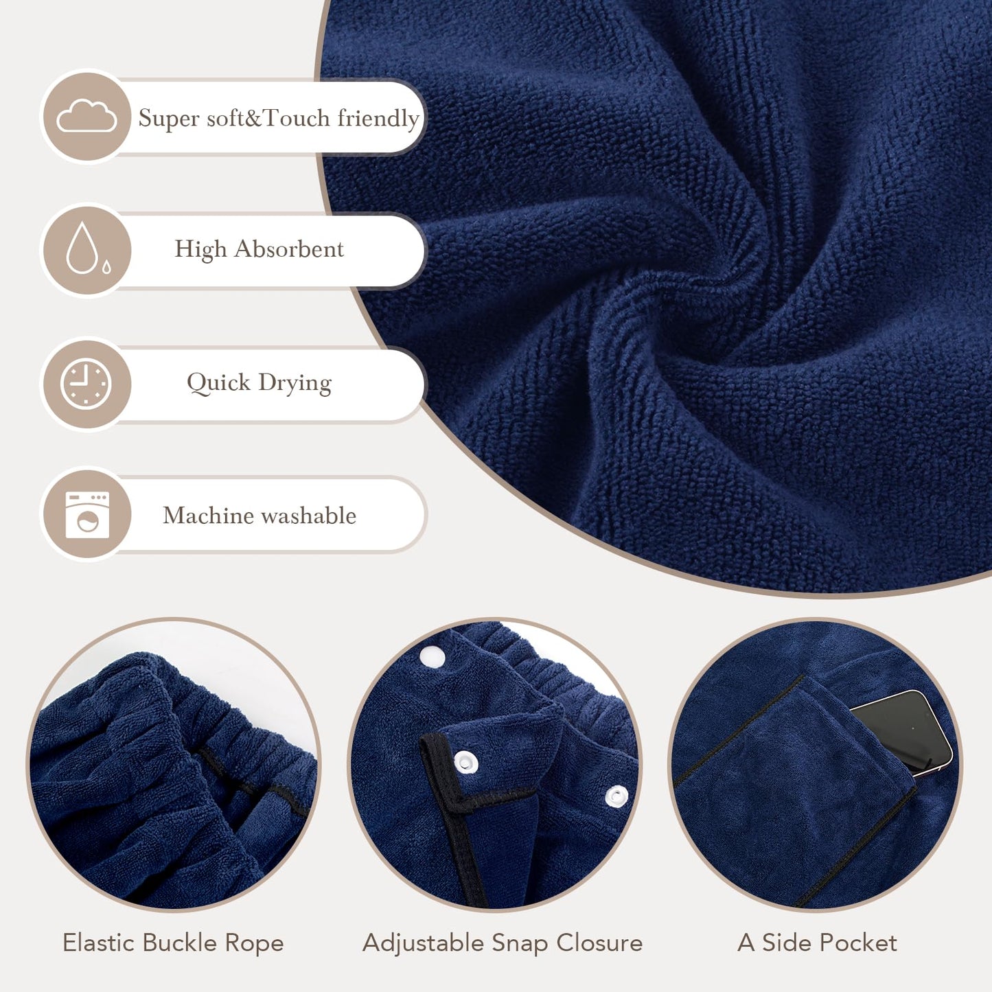 SINLAND Womens Microfiber Spa Wrap Towel Bath Towel with Snap Closure (27Inchx53Inch, Navy Blue)