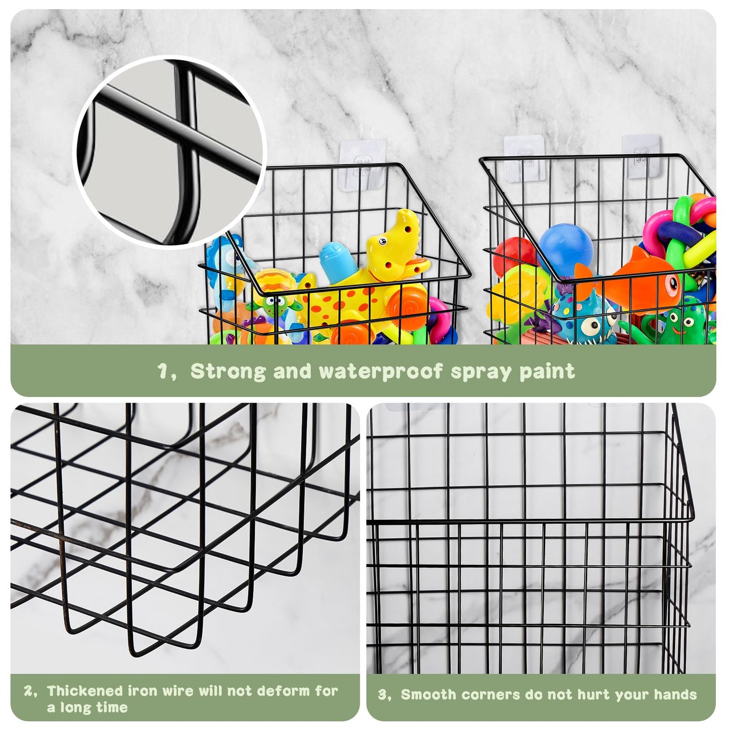 2 Pack Bath Toy Storage Organizer Basket, Large Metal Bathtub Shower Organizer, Wall Mounted Hanging Shower Basket